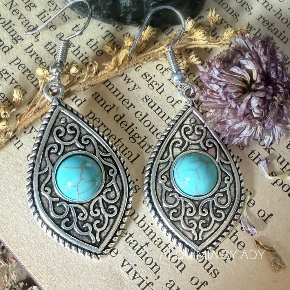 🌊🔮 Between Witches and Beaches — Ornate Turquoise Teardrop Earrings